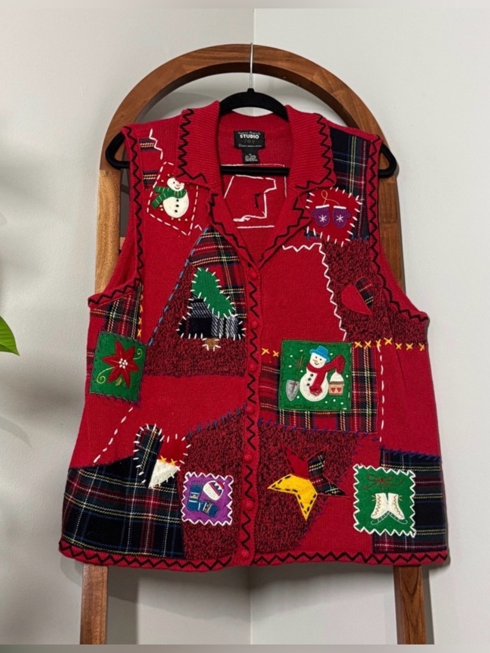 Designers Originals Studio Joy 1X Red Patchwork Christmas Holiday Knit Vest
